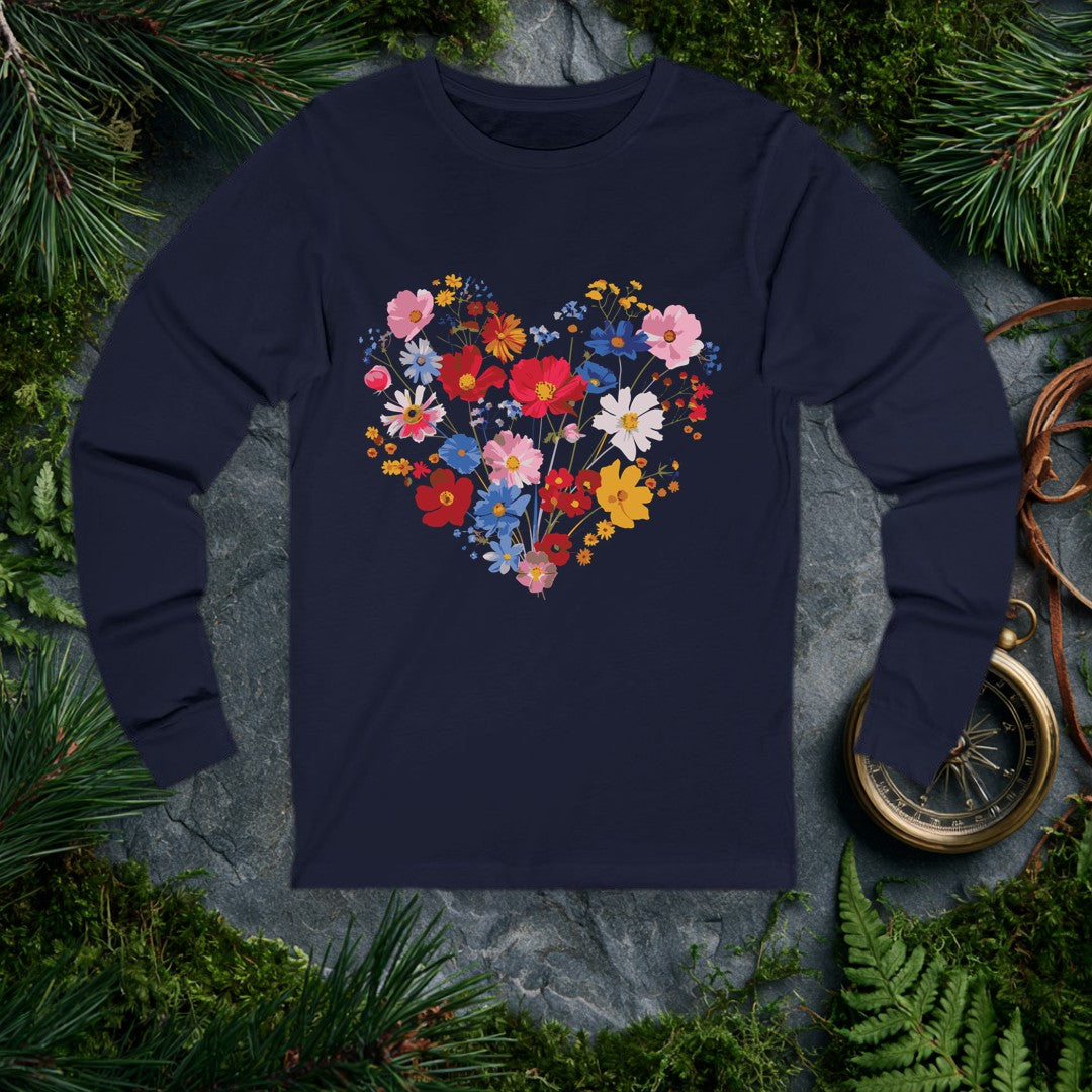 A generous heart built from cosmos, poppies, and wildflowers in red, blue, blush, and gold — the kind of bouquet someone who loves their garden gives to…