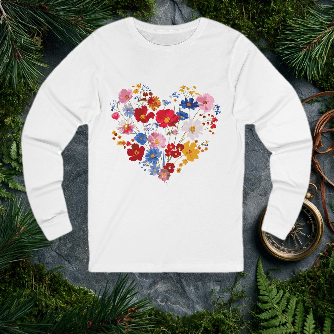 A generous heart built from cosmos, poppies, and wildflowers in red, blue, blush, and gold — the kind of bouquet someone who loves their garden gives to…