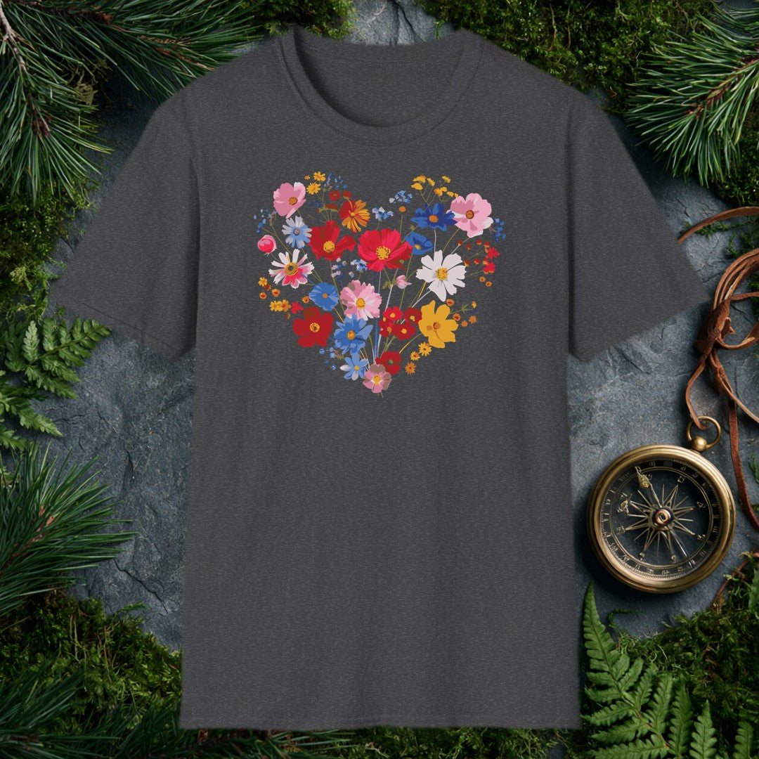 A generous heart built from cosmos, poppies, and wildflowers in red, blue, blush, and gold — the kind of bouquet someone who loves their garden gives to…