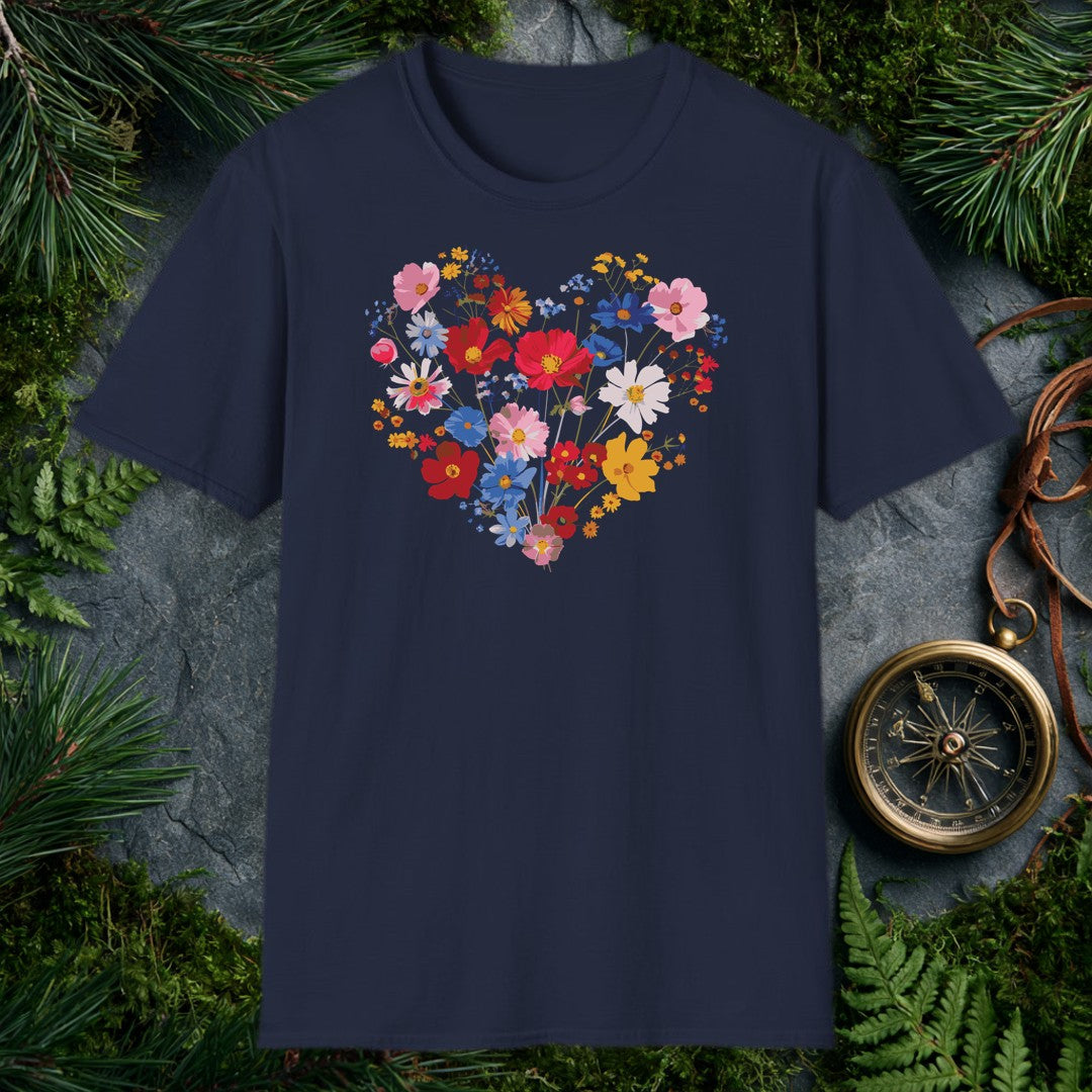 A generous heart built from cosmos, poppies, and wildflowers in red, blue, blush, and gold — the kind of bouquet someone who loves their garden gives to…