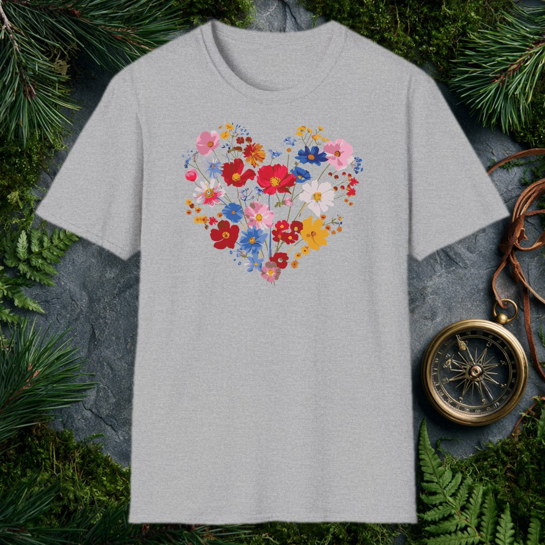 A generous heart built from cosmos, poppies, and wildflowers in red, blue, blush, and gold — the kind of bouquet someone who loves their garden gives to…