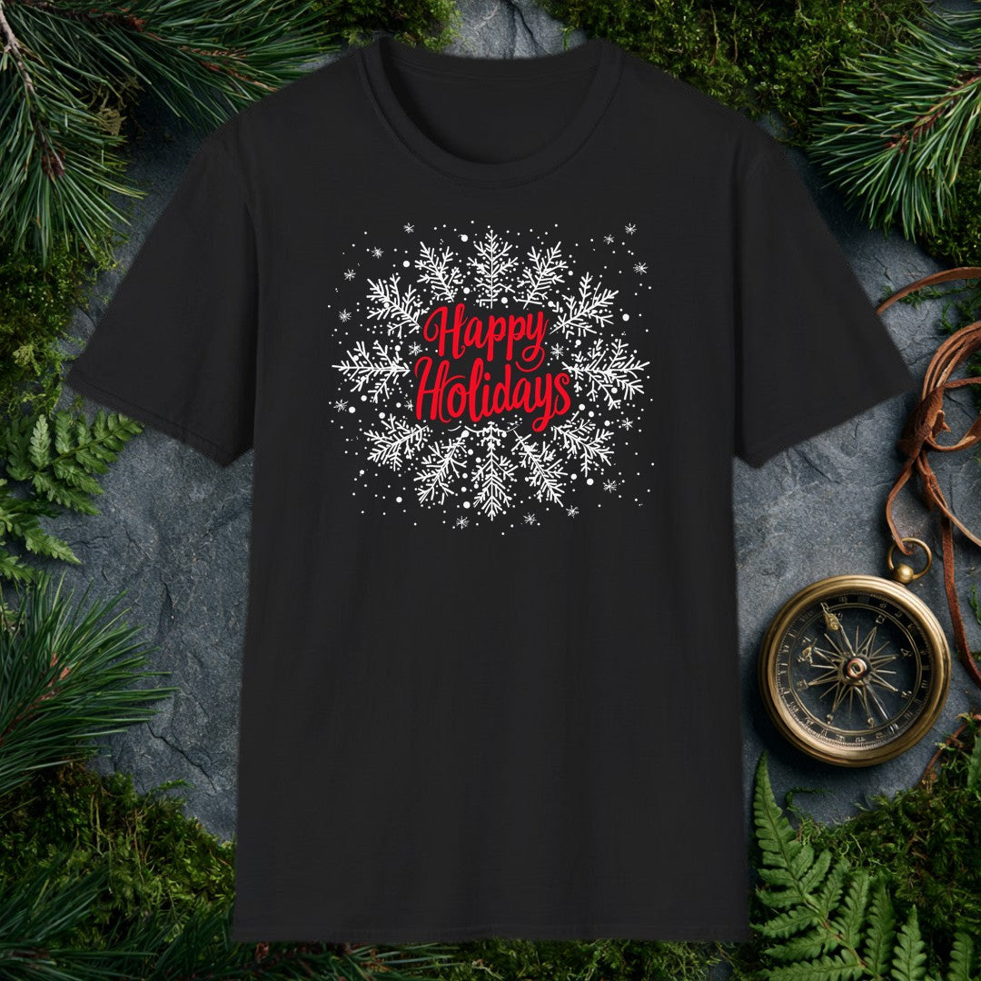 Red script lettering spells out Happy Holidays against a soft white field of hand-drawn snowflakes — the kind of greeting you'd want on a card from someone who…