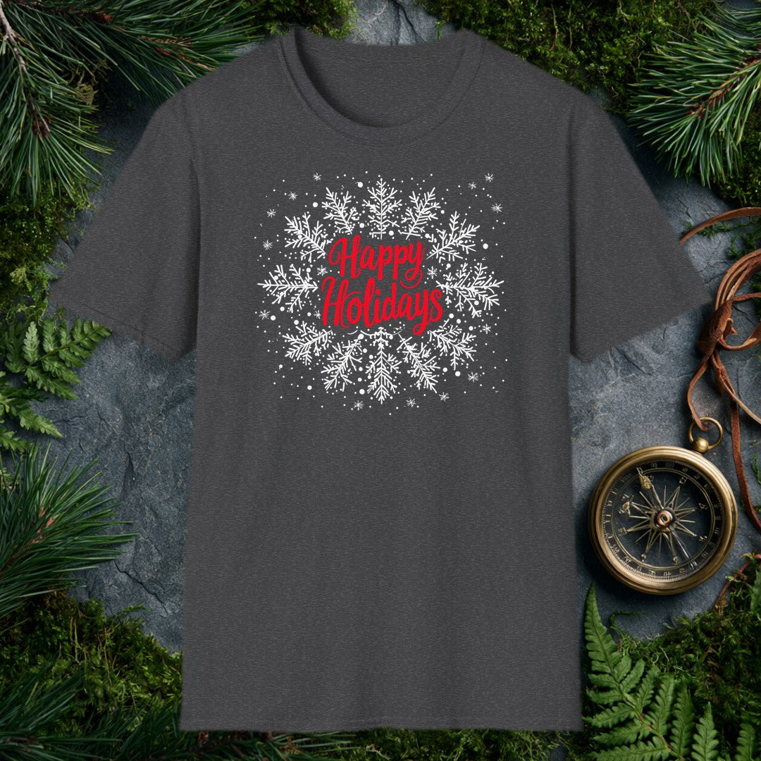 Red script lettering spells out Happy Holidays against a soft white field of hand-drawn snowflakes — the kind of greeting you'd want on a card from someone who…