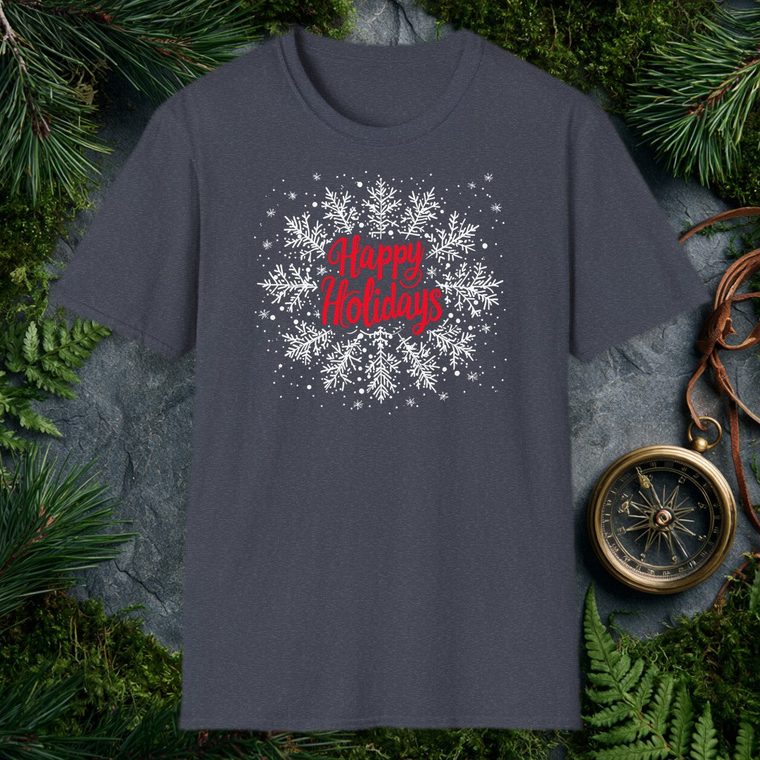 Red script lettering spells out Happy Holidays against a soft white field of hand-drawn snowflakes — the kind of greeting you'd want on a card from someone who…