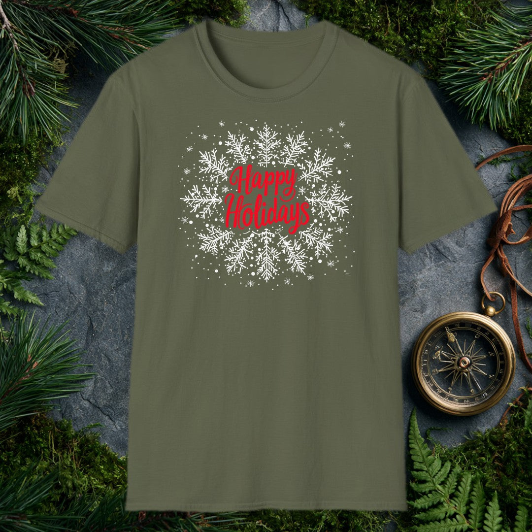 Red script lettering spells out Happy Holidays against a soft white field of hand-drawn snowflakes — the kind of greeting you'd want on a card from someone who…