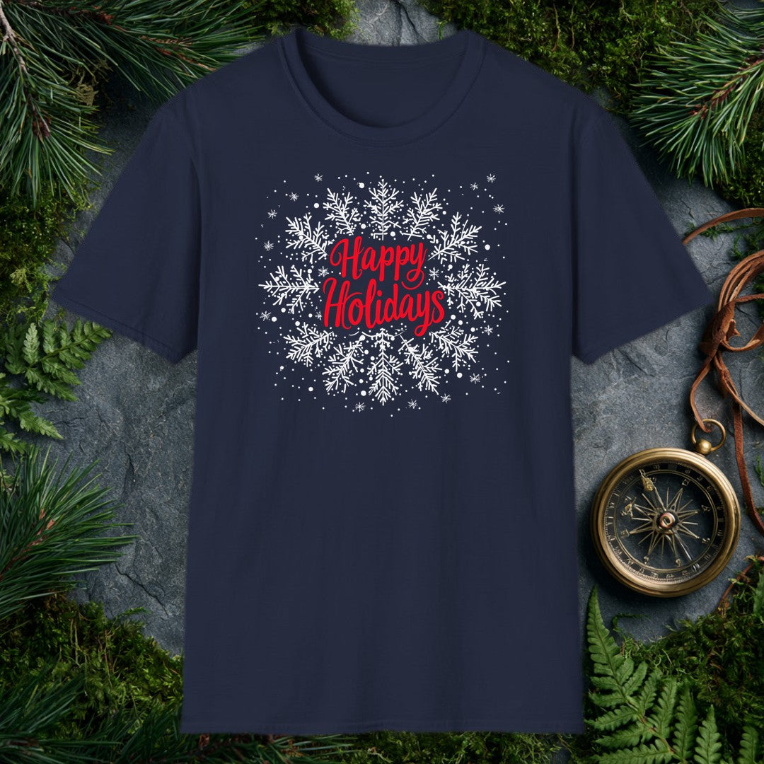 Red script lettering spells out Happy Holidays against a soft white field of hand-drawn snowflakes — the kind of greeting you'd want on a card from someone who…