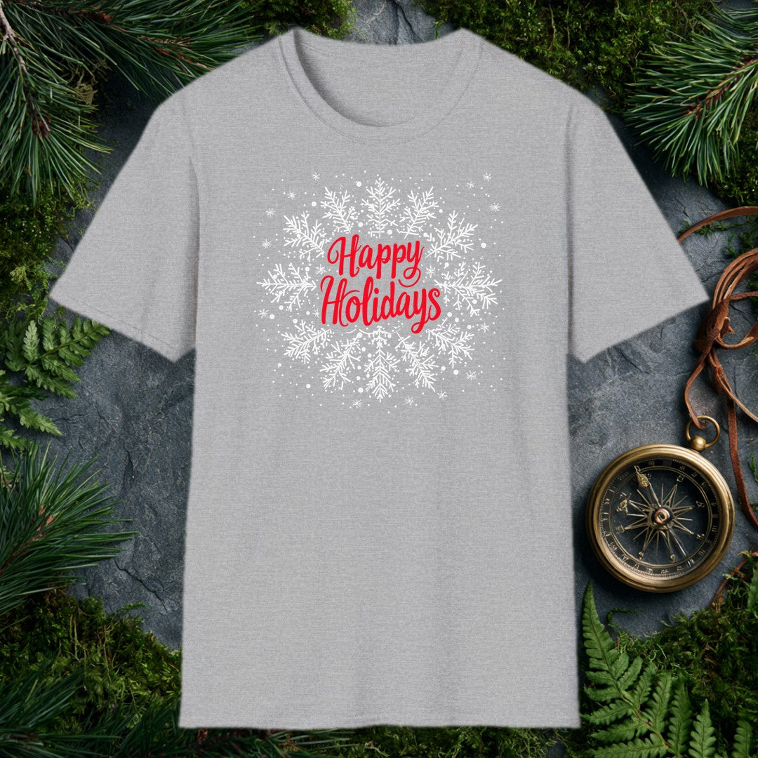 Red script lettering spells out Happy Holidays against a soft white field of hand-drawn snowflakes — the kind of greeting you'd want on a card from someone who…