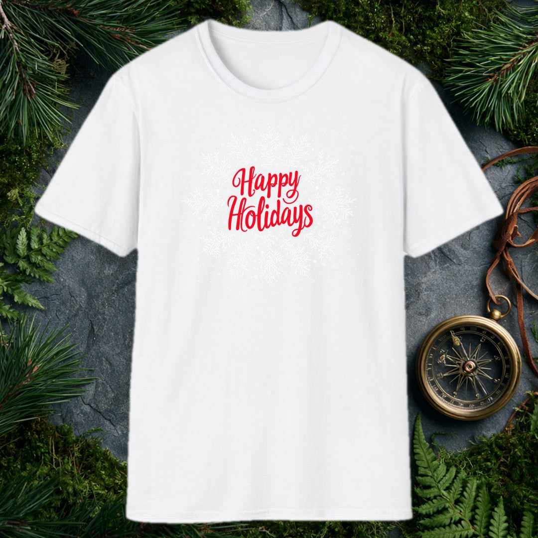 Red script lettering spells out Happy Holidays against a soft white field of hand-drawn snowflakes — the kind of greeting you'd want on a card from someone who…