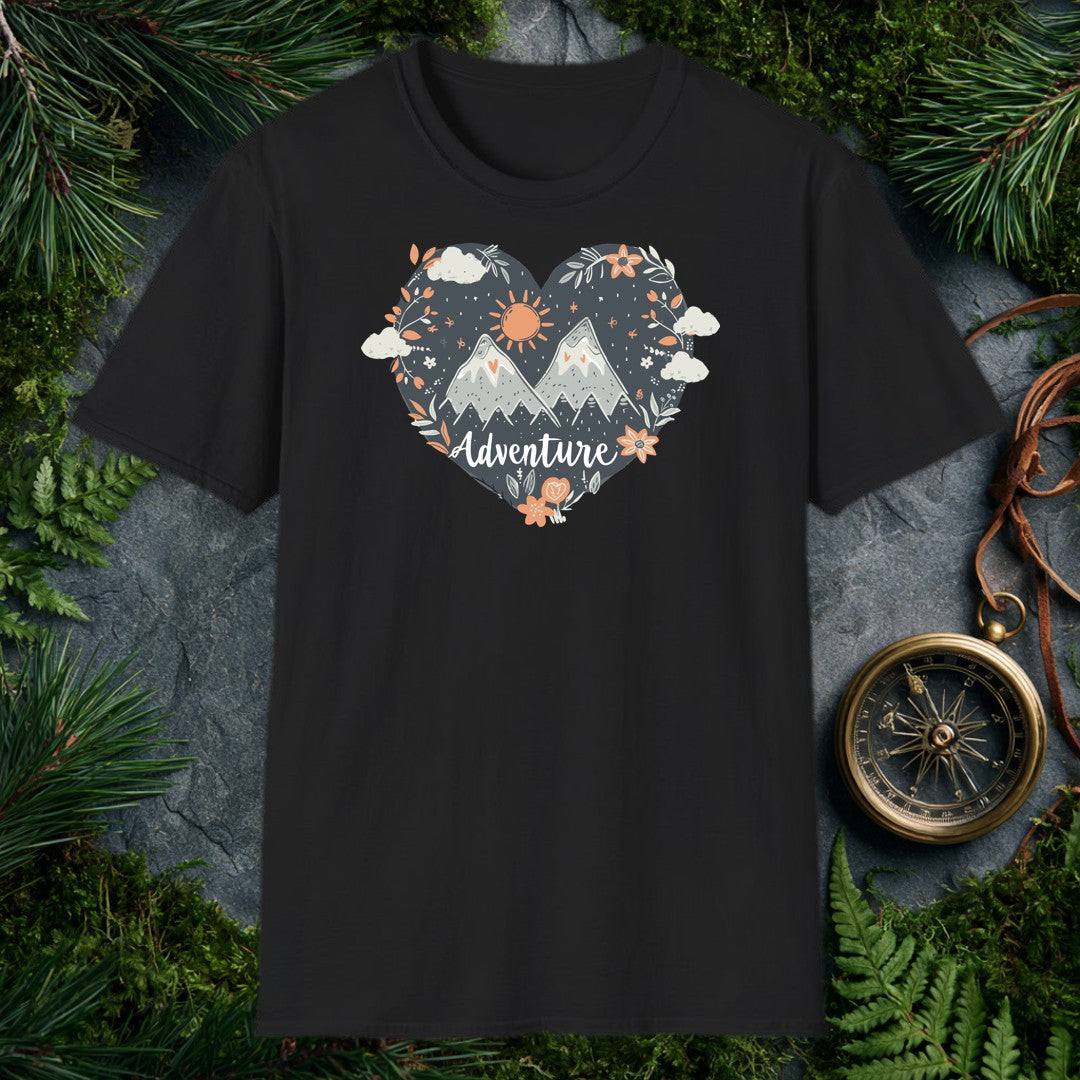 Snow-capped peaks rise inside a dark slate heart, ringed by orange wildflowers, trailing botanicals, and a hand-drawn sun — for the person who keeps the…