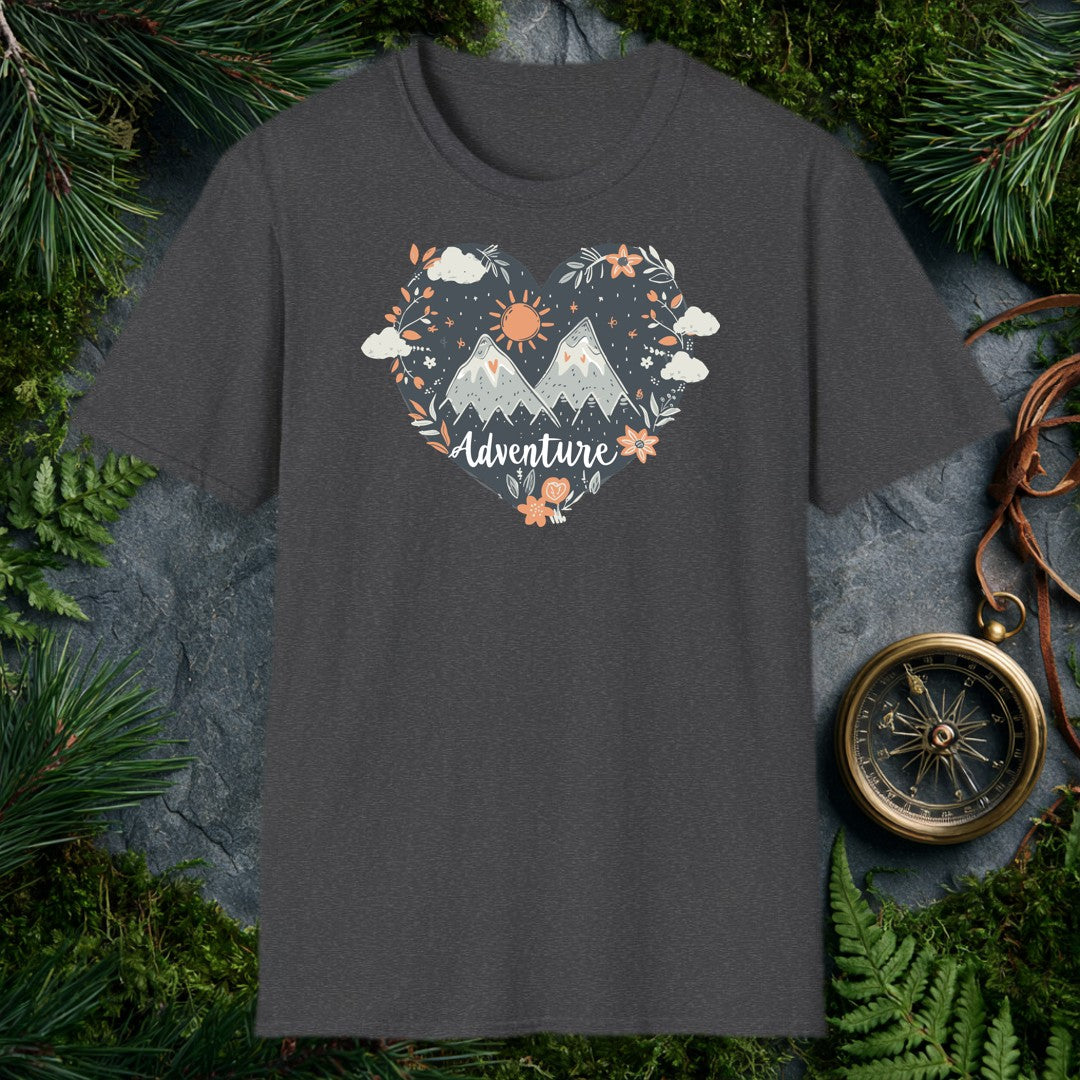 Snow-capped peaks rise inside a dark slate heart, ringed by orange wildflowers, trailing botanicals, and a hand-drawn sun — for the person who keeps the…