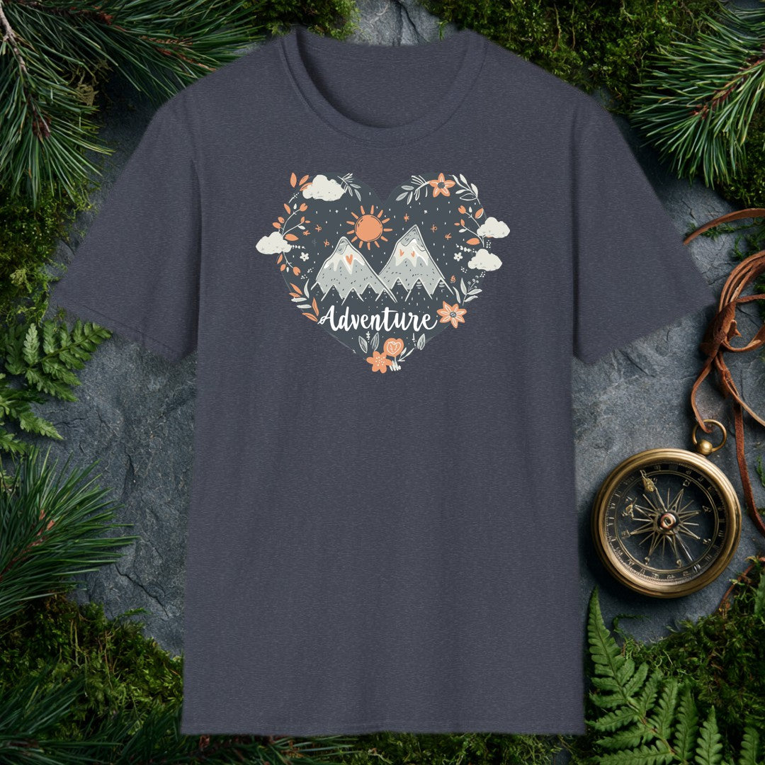Snow-capped peaks rise inside a dark slate heart, ringed by orange wildflowers, trailing botanicals, and a hand-drawn sun — for the person who keeps the…