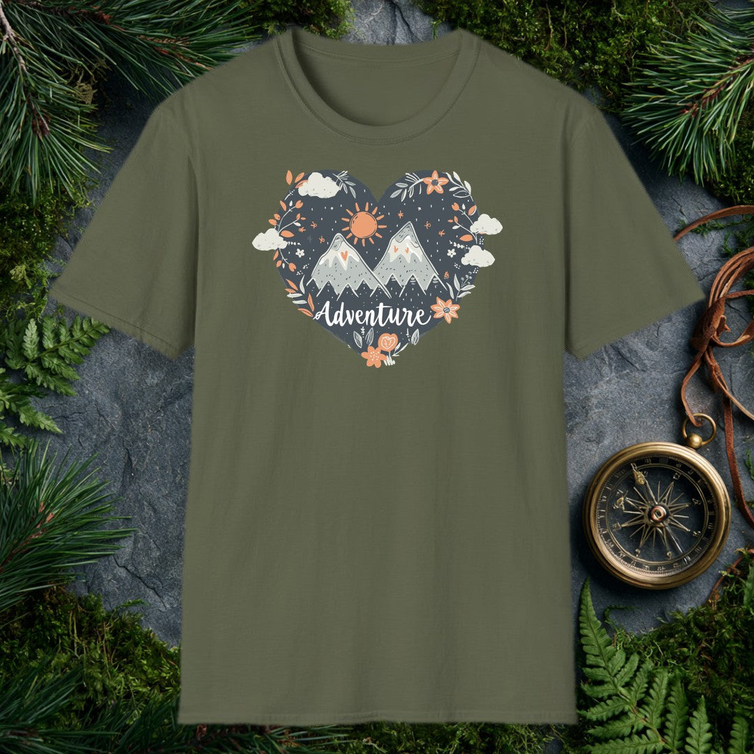 Snow-capped peaks rise inside a dark slate heart, ringed by orange wildflowers, trailing botanicals, and a hand-drawn sun — for the person who keeps the…