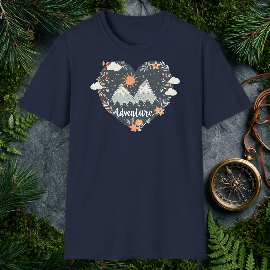 Snow-capped peaks rise inside a dark slate heart, ringed by orange wildflowers, trailing botanicals, and a hand-drawn sun — for the person who keeps the…
