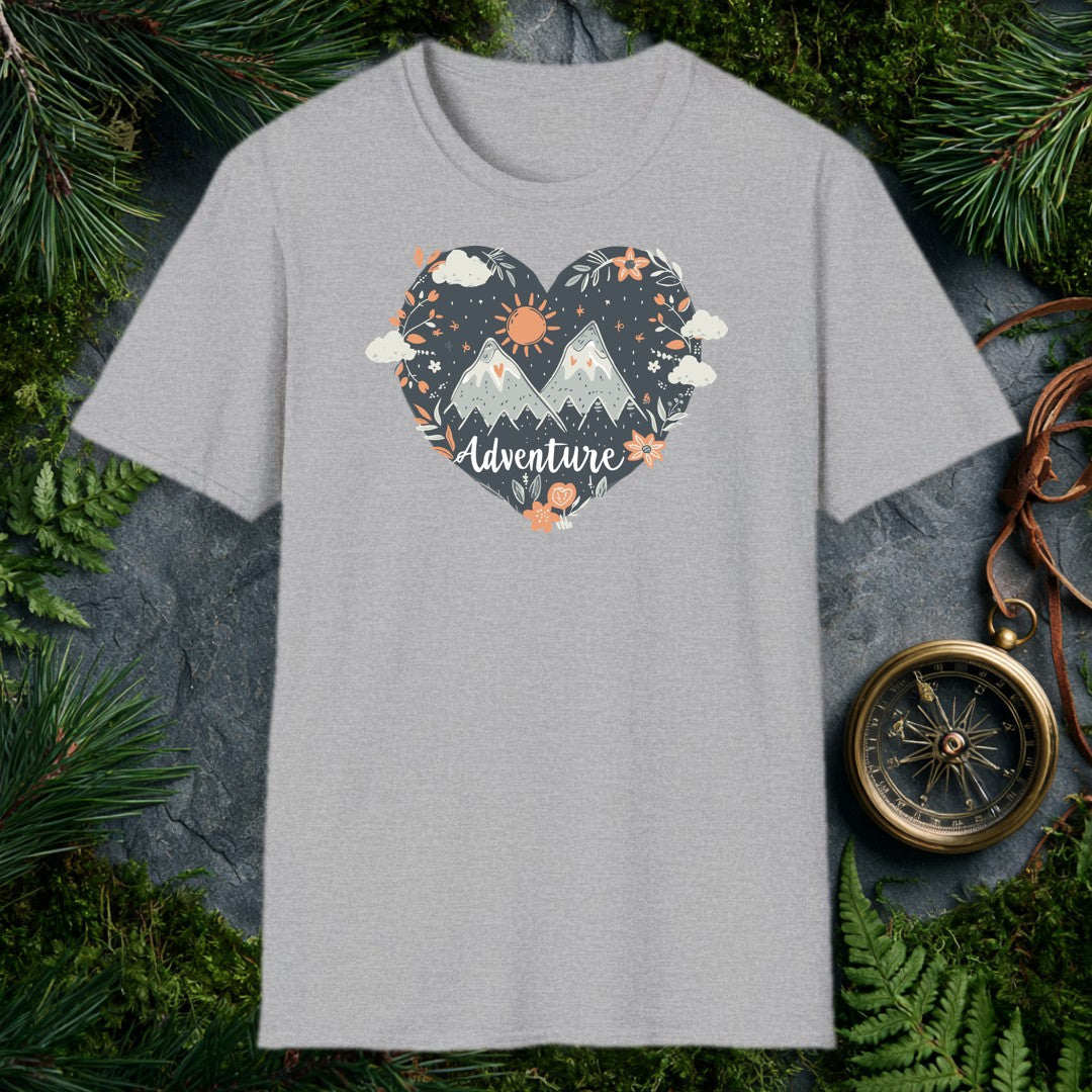 Snow-capped peaks rise inside a dark slate heart, ringed by orange wildflowers, trailing botanicals, and a hand-drawn sun — for the person who keeps the…