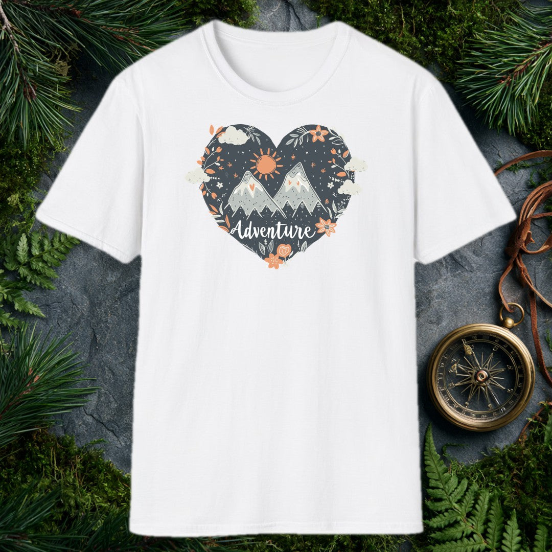 Snow-capped peaks rise inside a dark slate heart, ringed by orange wildflowers, trailing botanicals, and a hand-drawn sun — for the person who keeps the…