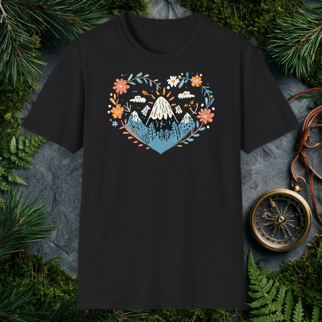 Snow-capped peaks rise above a pine forest, framed by a heart-shaped wreath of poppies, daisies, and marigolds in coral, gold, and dusty blue — for anyone who…