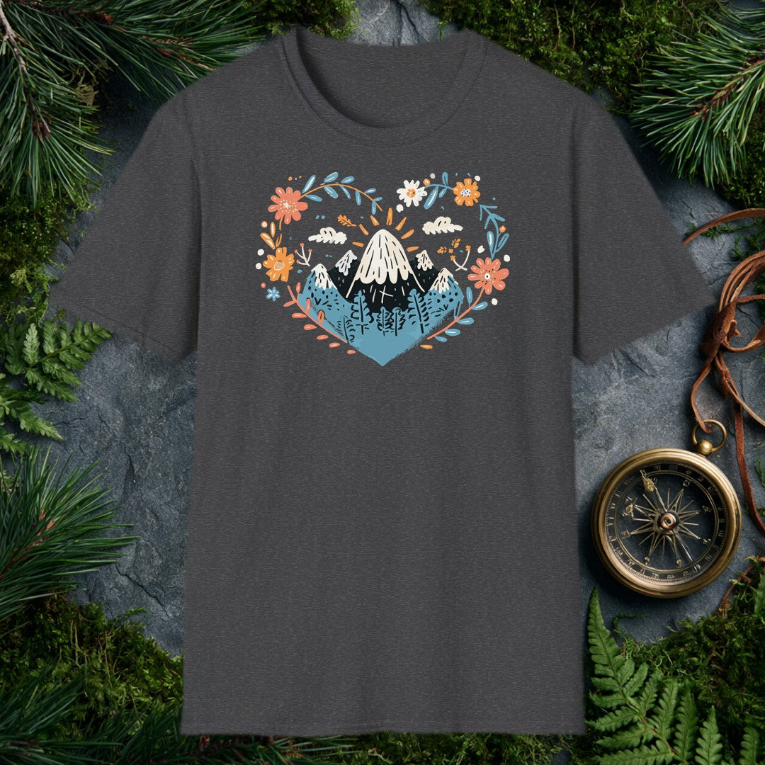 Snow-capped peaks rise above a pine forest, framed by a heart-shaped wreath of poppies, daisies, and marigolds in coral, gold, and dusty blue — for anyone who…