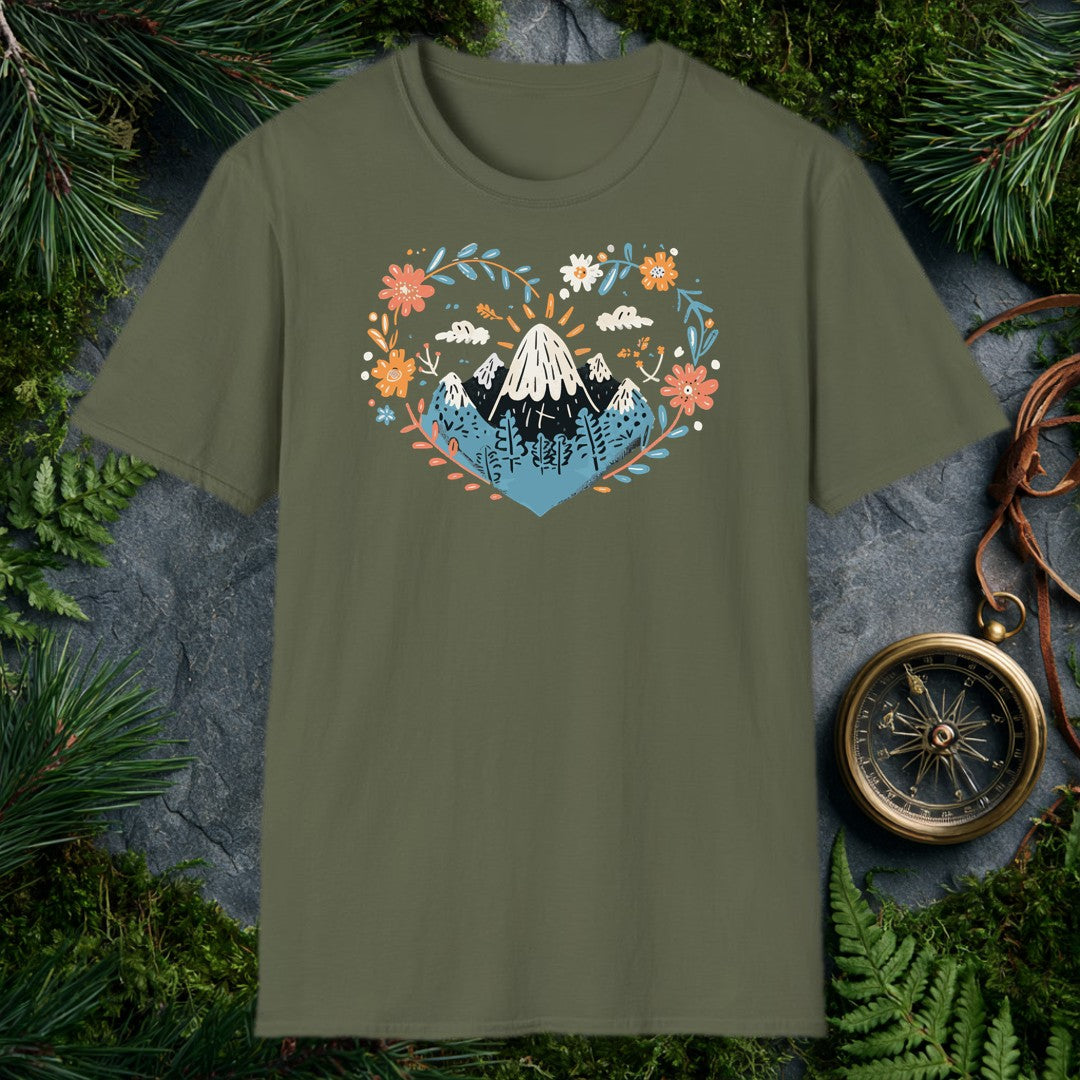 Snow-capped peaks rise above a pine forest, framed by a heart-shaped wreath of poppies, daisies, and marigolds in coral, gold, and dusty blue — for anyone who…