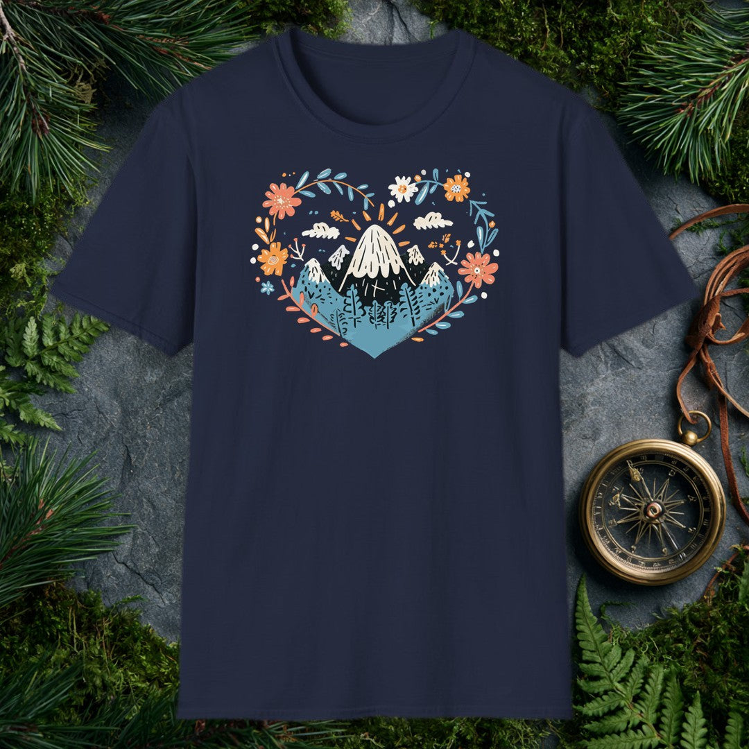 Snow-capped peaks rise above a pine forest, framed by a heart-shaped wreath of poppies, daisies, and marigolds in coral, gold, and dusty blue — for anyone who…