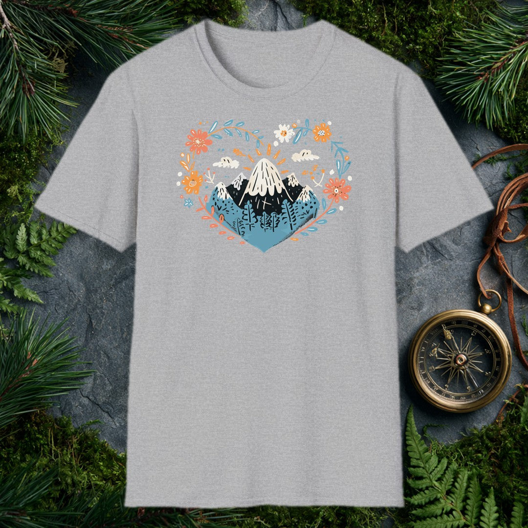 Snow-capped peaks rise above a pine forest, framed by a heart-shaped wreath of poppies, daisies, and marigolds in coral, gold, and dusty blue — for anyone who…