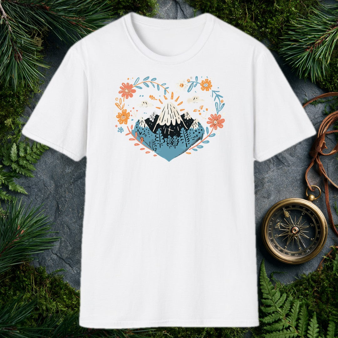 Snow-capped peaks rise above a pine forest, framed by a heart-shaped wreath of poppies, daisies, and marigolds in coral, gold, and dusty blue — for anyone who…