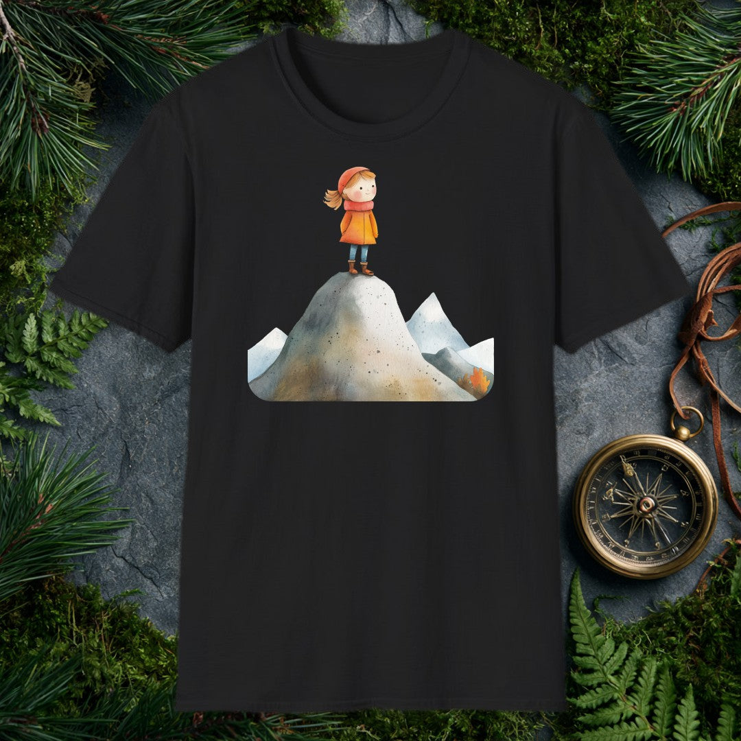 A rosy-cheeked girl in an orange coat stands at the top of a snow-dusted peak, smaller ridges fanning out behind her — painted in soft watercolor for the kid…