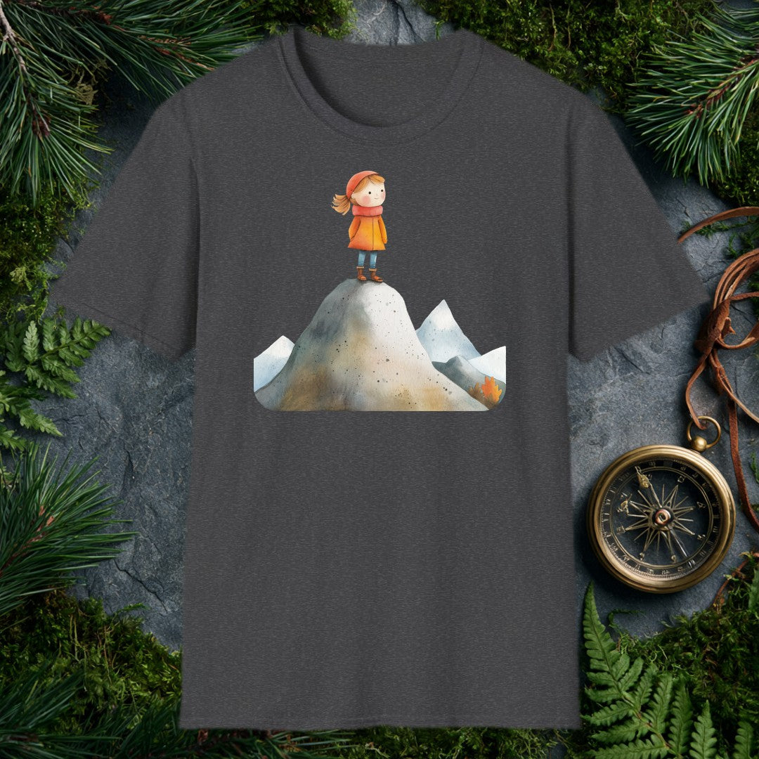 A rosy-cheeked girl in an orange coat stands at the top of a snow-dusted peak, smaller ridges fanning out behind her — painted in soft watercolor for the kid…