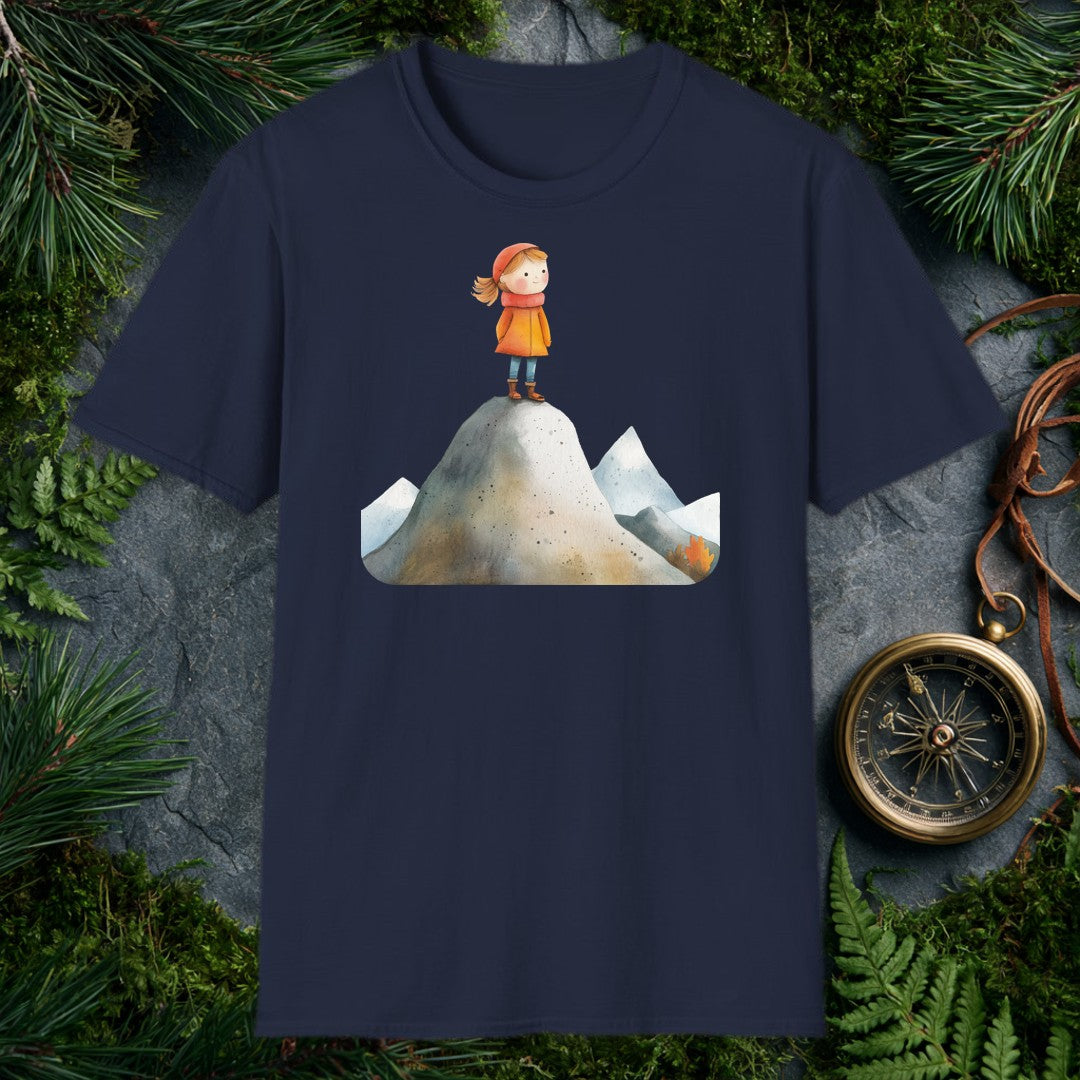 A rosy-cheeked girl in an orange coat stands at the top of a snow-dusted peak, smaller ridges fanning out behind her — painted in soft watercolor for the kid…