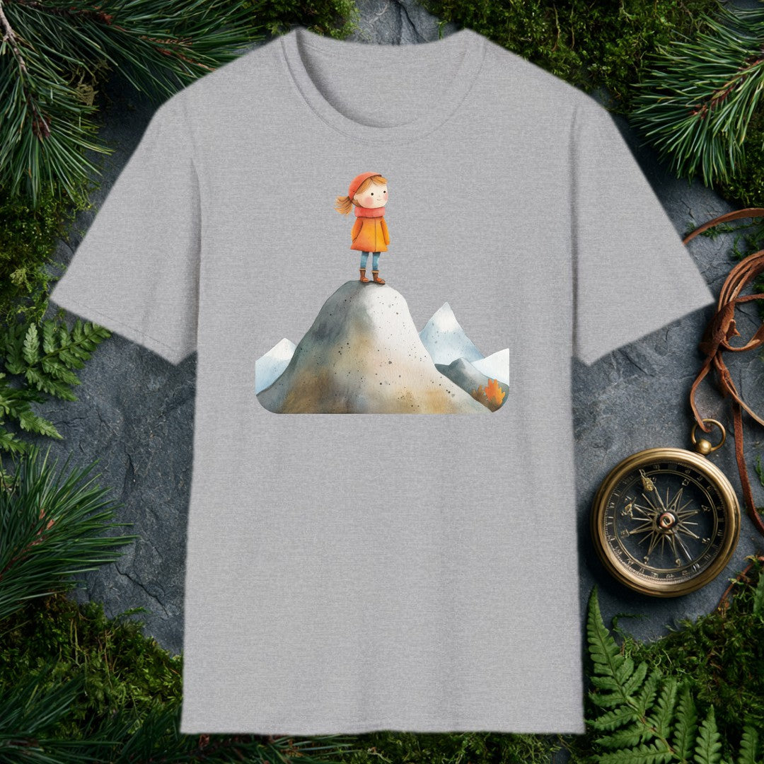 A rosy-cheeked girl in an orange coat stands at the top of a snow-dusted peak, smaller ridges fanning out behind her — painted in soft watercolor for the kid…