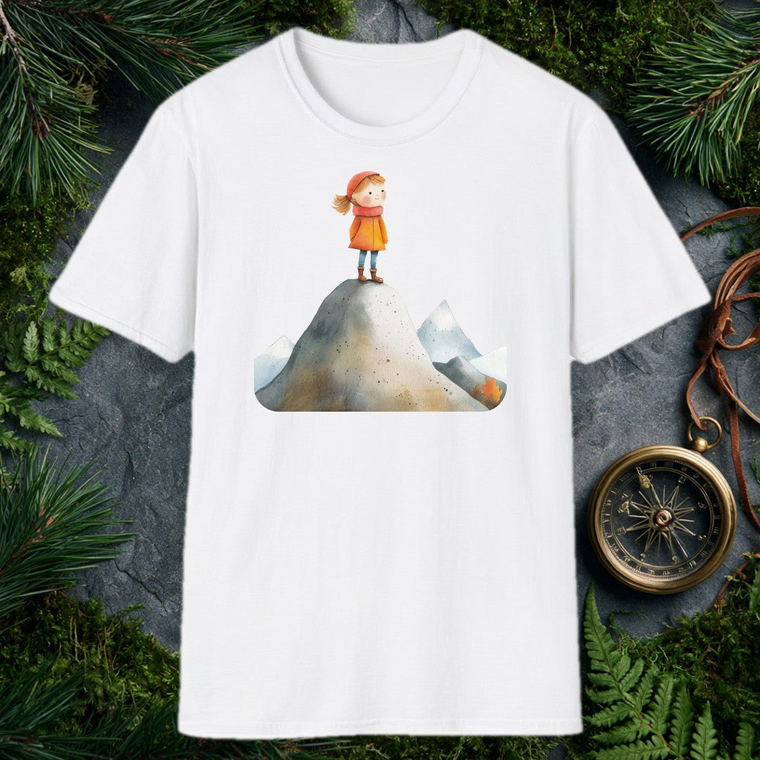 A rosy-cheeked girl in an orange coat stands at the top of a snow-dusted peak, smaller ridges fanning out behind her — painted in soft watercolor for the kid…