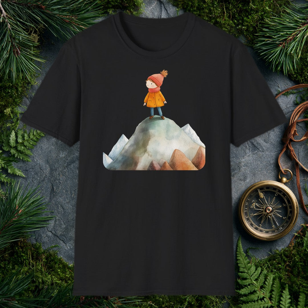 A small, determined figure in a mustard coat and red knit hat stands atop a snow-dusted mountain peak, surrounded by a range of smaller summits — painted in…
