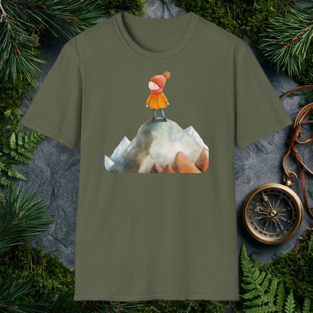 A small, determined figure in a mustard coat and red knit hat stands atop a snow-dusted mountain peak, surrounded by a range of smaller summits — painted in…