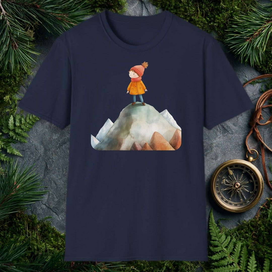 A small, determined figure in a mustard coat and red knit hat stands atop a snow-dusted mountain peak, surrounded by a range of smaller summits — painted in…