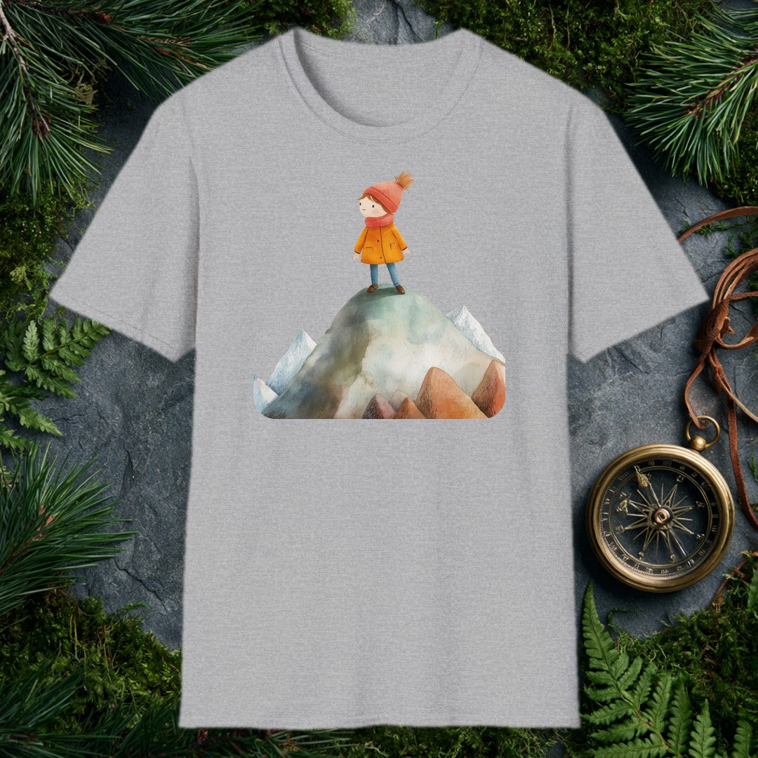A small, determined figure in a mustard coat and red knit hat stands atop a snow-dusted mountain peak, surrounded by a range of smaller summits — painted in…