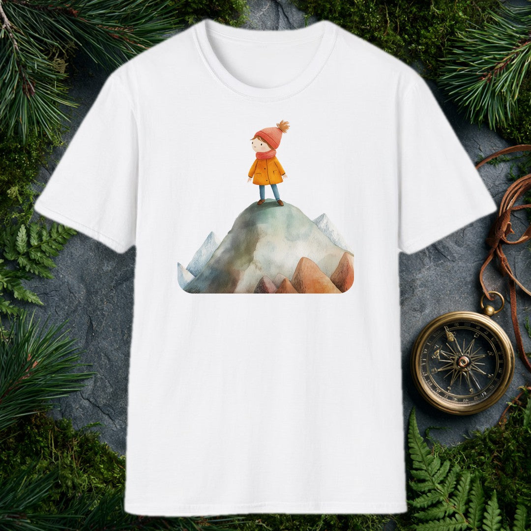 A small, determined figure in a mustard coat and red knit hat stands atop a snow-dusted mountain peak, surrounded by a range of smaller summits — painted in…
