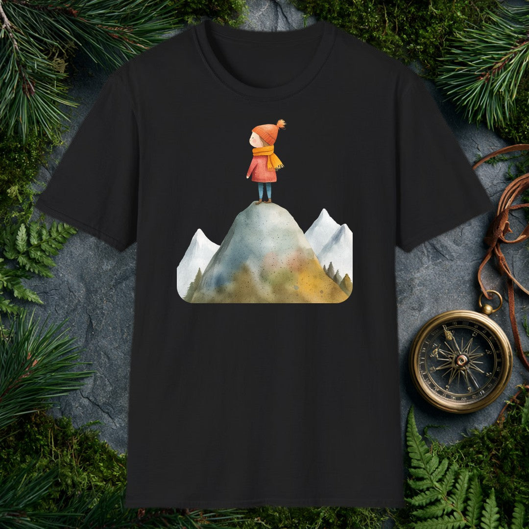 A small figure in a red coat and orange knit hat stands at the top of a rocky peak, pine-rimmed mountains fading blue behind her — for the hiker who knows that…
