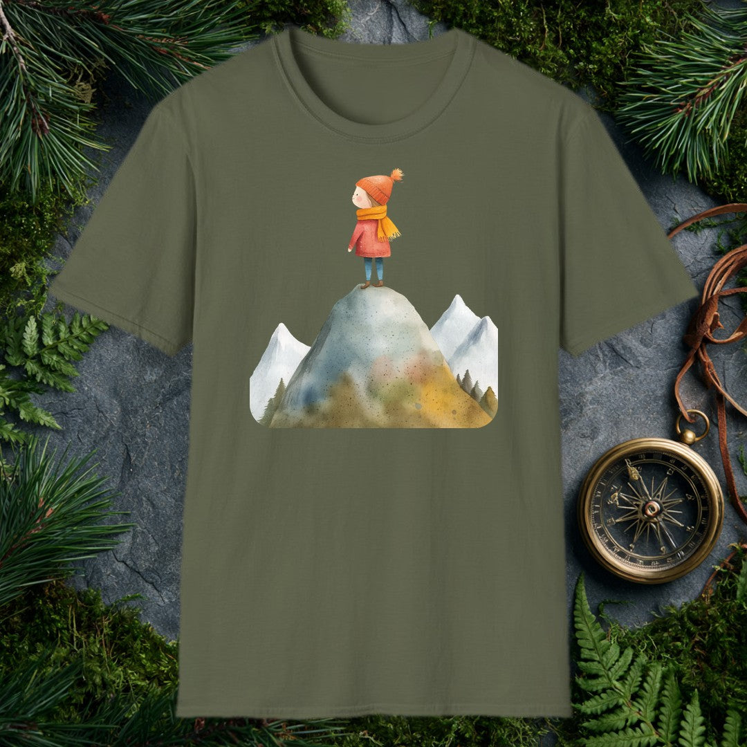 A small figure in a red coat and orange knit hat stands at the top of a rocky peak, pine-rimmed mountains fading blue behind her — for the hiker who knows that…