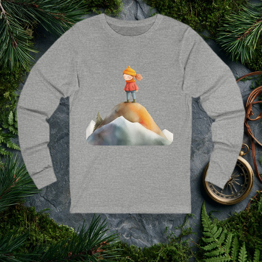 A rosy-cheeked girl in a red coat and orange knit hat stands at the top of a snow-rimmed mountain, pine trees behind her, wind catching her hair — for the kid…