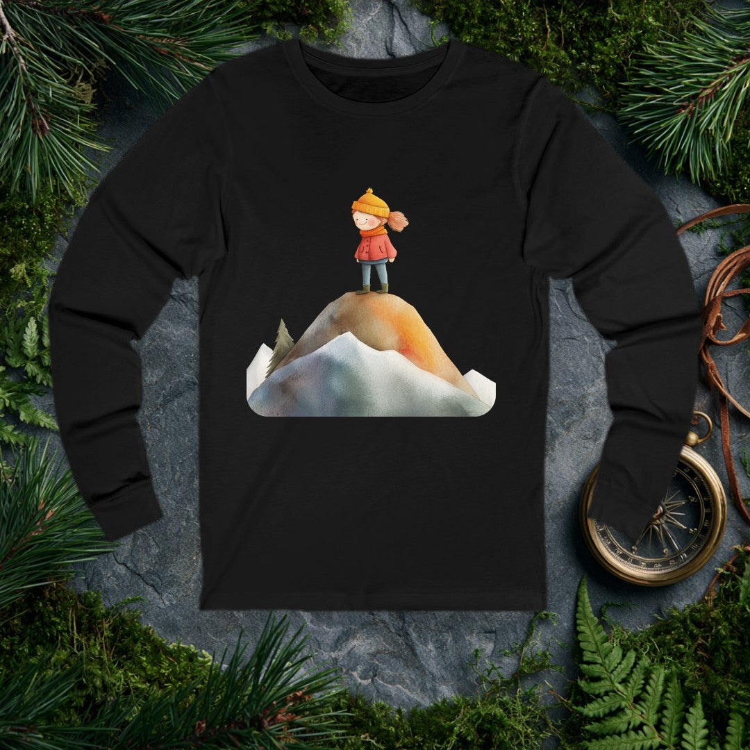 A rosy-cheeked girl in a red coat and orange knit hat stands at the top of a snow-rimmed mountain, pine trees behind her, wind catching her hair — for the kid…