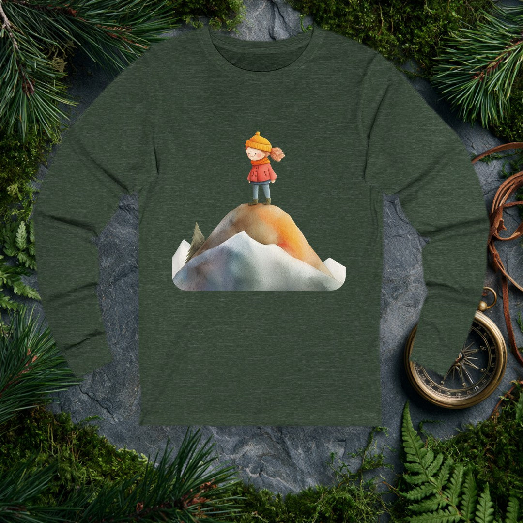 A rosy-cheeked girl in a red coat and orange knit hat stands at the top of a snow-rimmed mountain, pine trees behind her, wind catching her hair — for the kid…