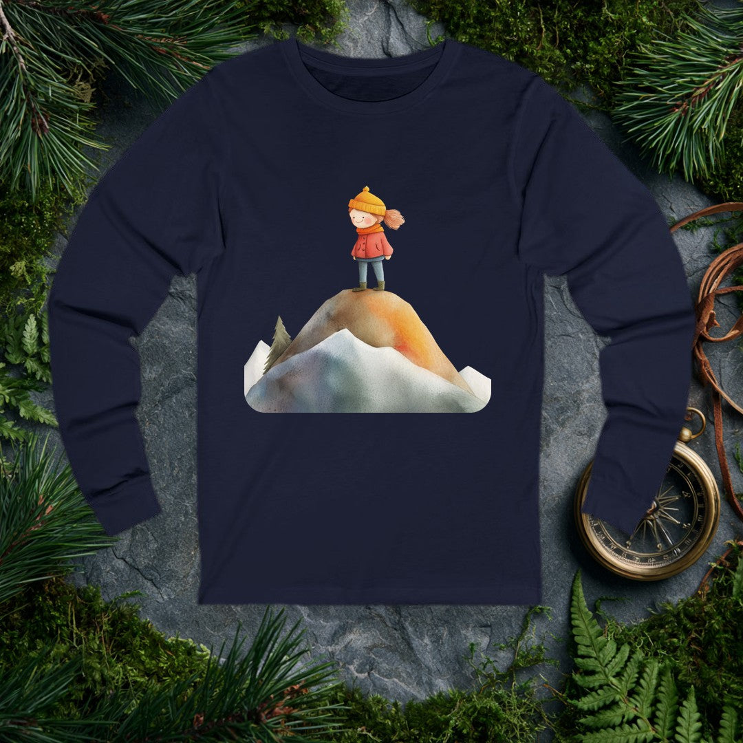 A rosy-cheeked girl in a red coat and orange knit hat stands at the top of a snow-rimmed mountain, pine trees behind her, wind catching her hair — for the kid…