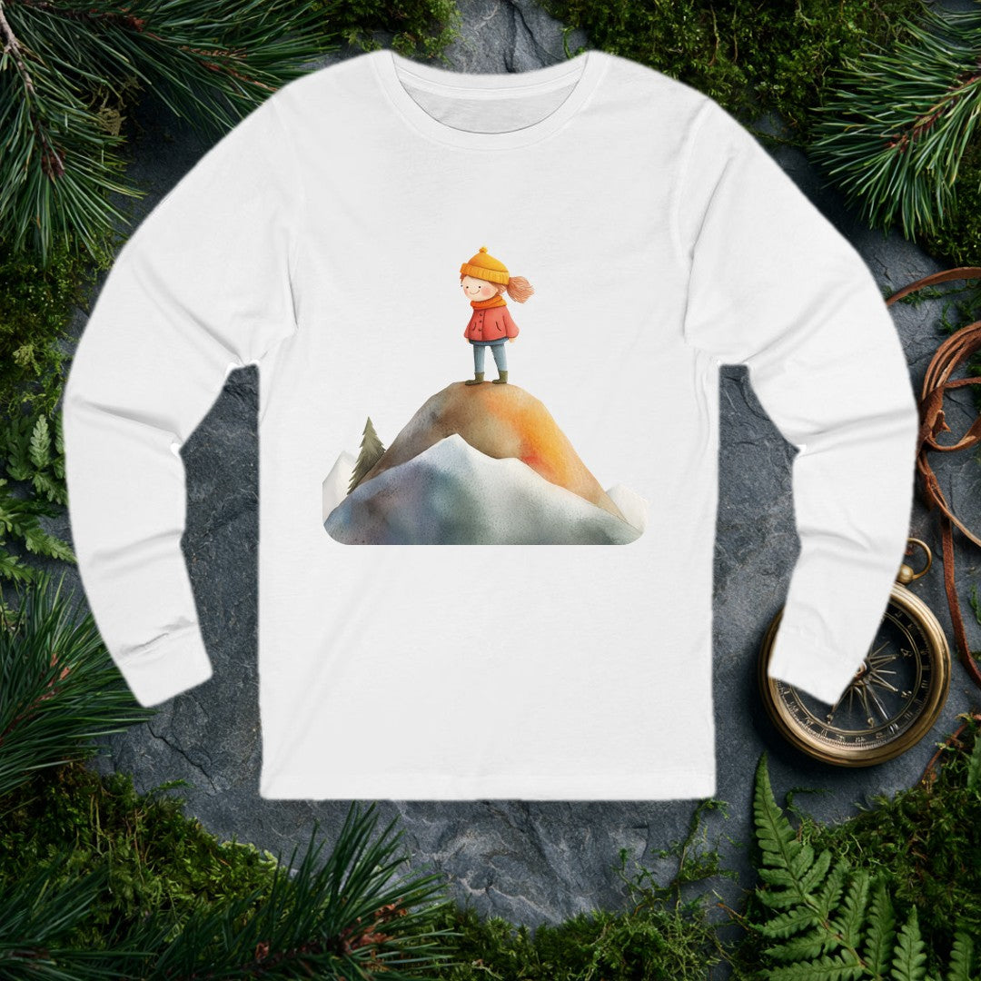 A rosy-cheeked girl in a red coat and orange knit hat stands at the top of a snow-rimmed mountain, pine trees behind her, wind catching her hair — for the kid…