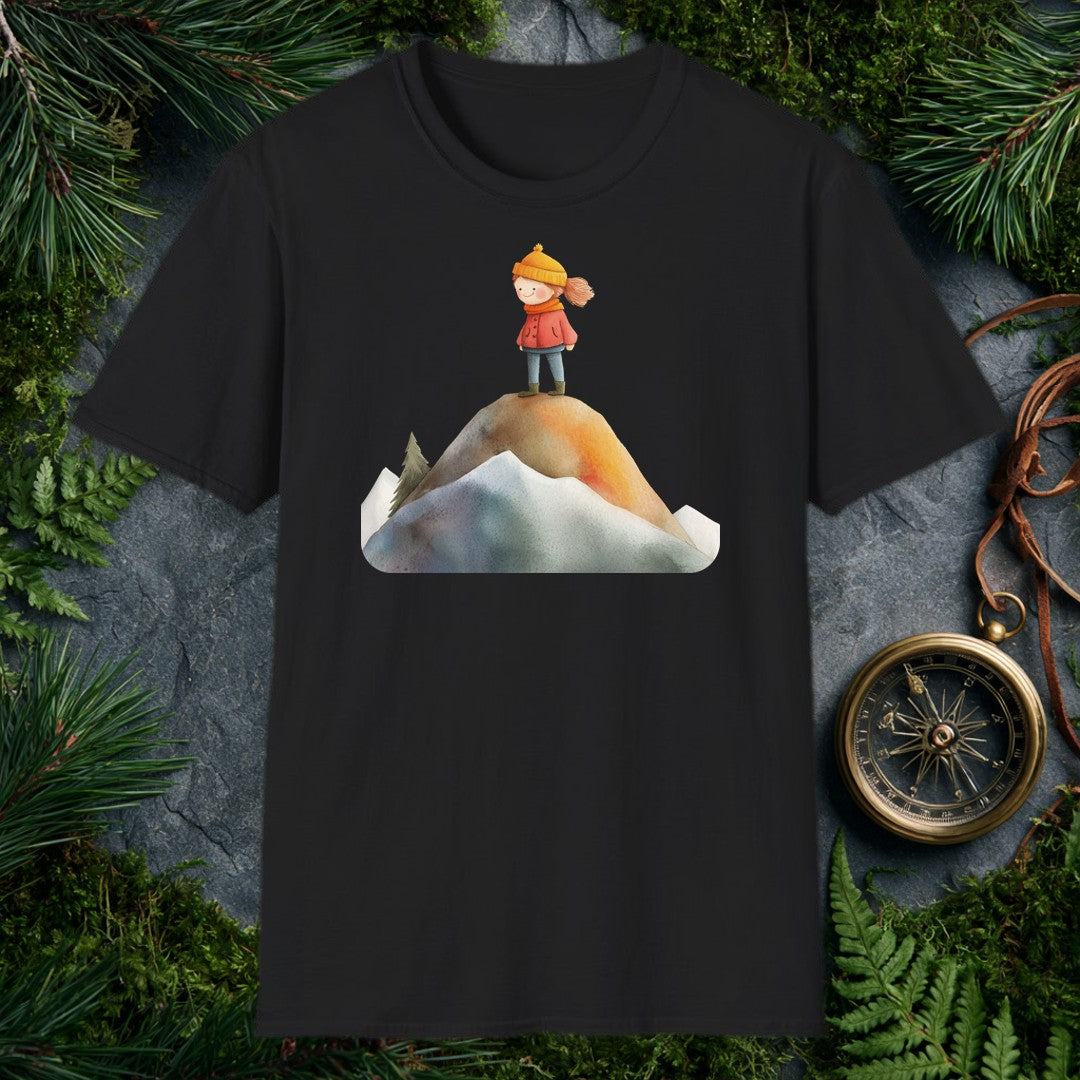 A rosy-cheeked girl in a red coat and orange knit hat stands at the top of a snow-rimmed mountain, pine trees behind her, wind catching her hair — for the kid…