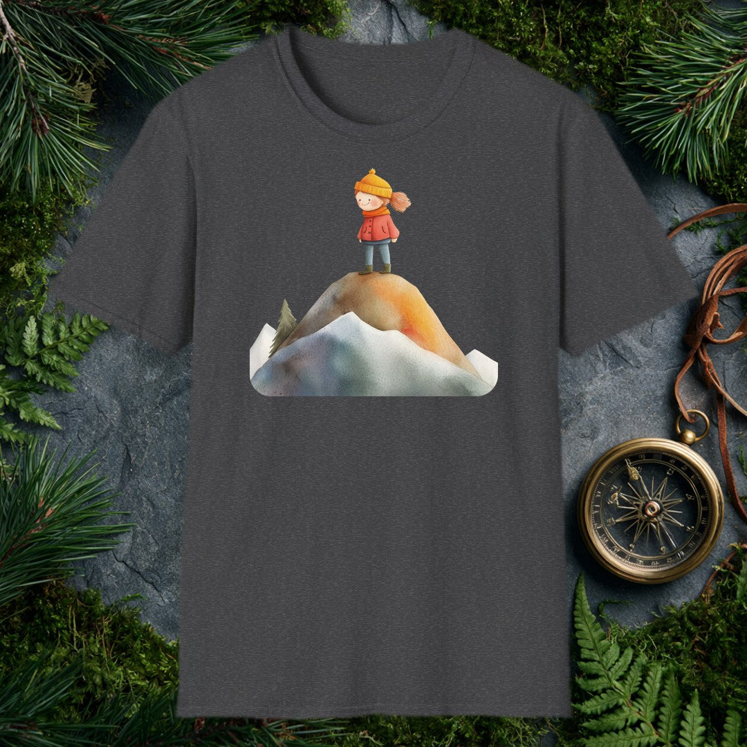 A rosy-cheeked girl in a red coat and orange knit hat stands at the top of a snow-rimmed mountain, pine trees behind her, wind catching her hair — for the kid…