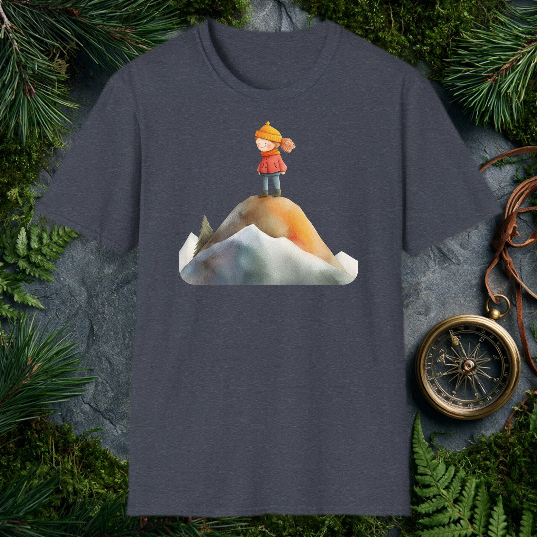 A rosy-cheeked girl in a red coat and orange knit hat stands at the top of a snow-rimmed mountain, pine trees behind her, wind catching her hair — for the kid…