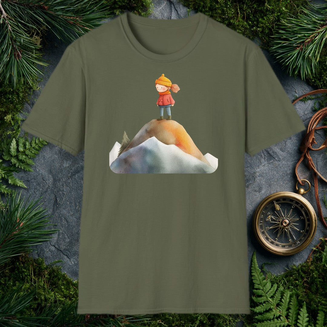 A rosy-cheeked girl in a red coat and orange knit hat stands at the top of a snow-rimmed mountain, pine trees behind her, wind catching her hair — for the kid…