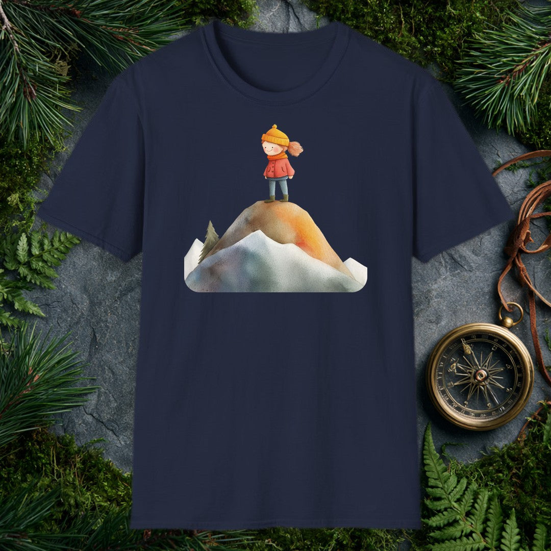 A rosy-cheeked girl in a red coat and orange knit hat stands at the top of a snow-rimmed mountain, pine trees behind her, wind catching her hair — for the kid…
