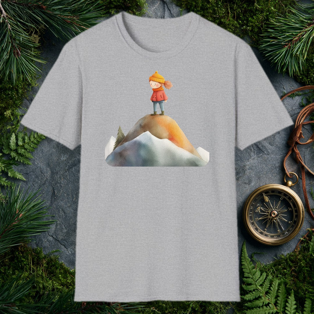 A rosy-cheeked girl in a red coat and orange knit hat stands at the top of a snow-rimmed mountain, pine trees behind her, wind catching her hair — for the kid…