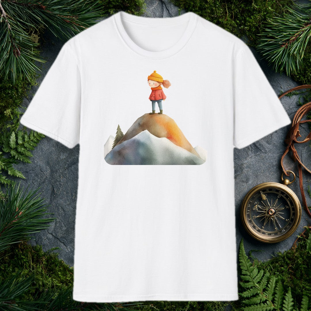 A rosy-cheeked girl in a red coat and orange knit hat stands at the top of a snow-rimmed mountain, pine trees behind her, wind catching her hair — for the kid…
