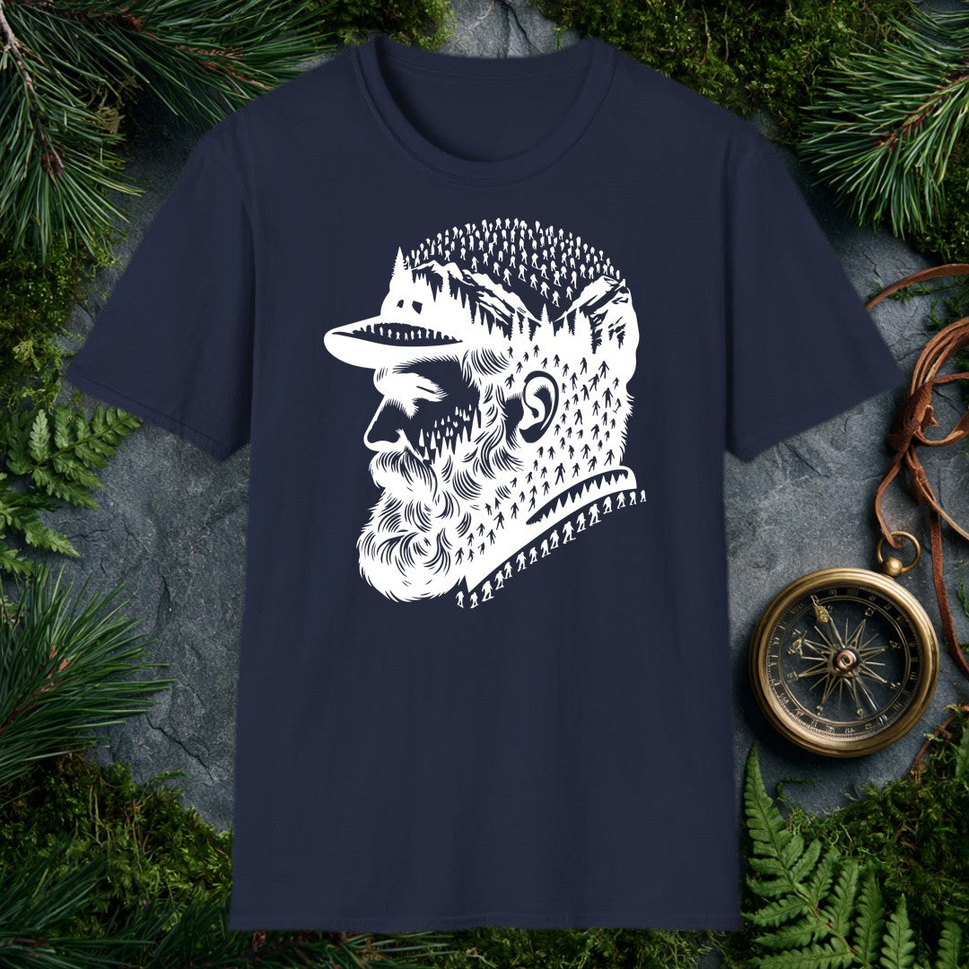 A bearded man in a trail cap looks west while pine forests, jagged peaks, and a parade of hikers — and a few unmistakable Bigfoot silhouettes — fill the…